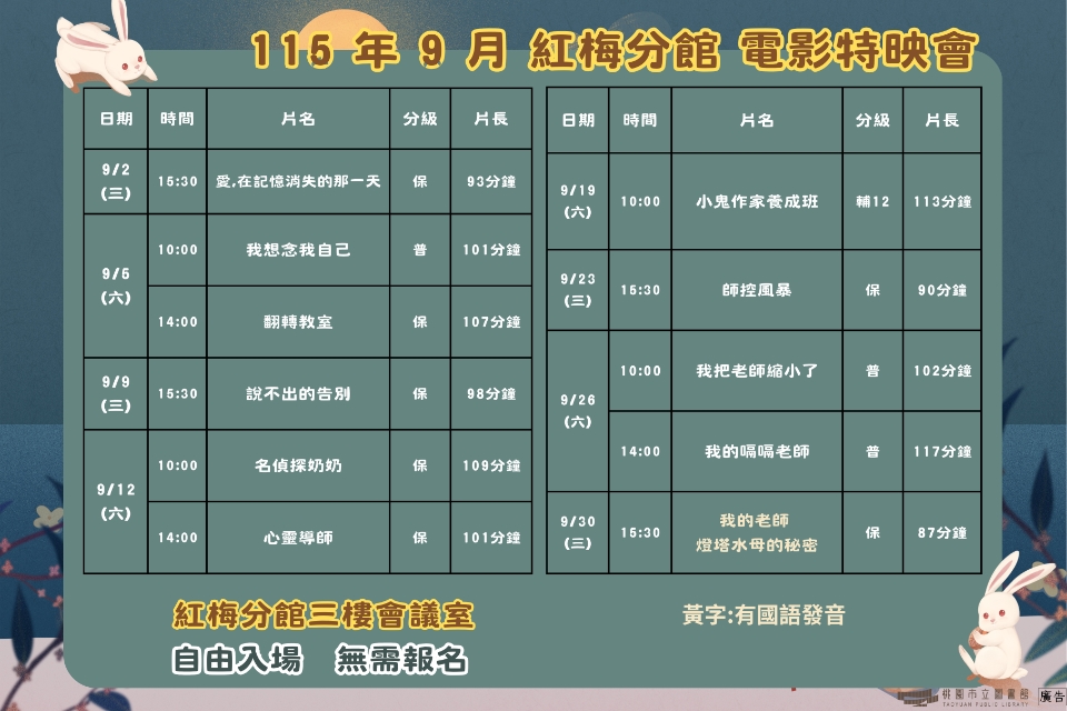[楊梅電影]115年9月電影特映會-紅梅分館