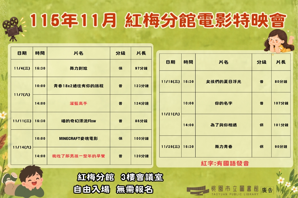 [楊梅電影]115年11月電影特映會-紅梅分館