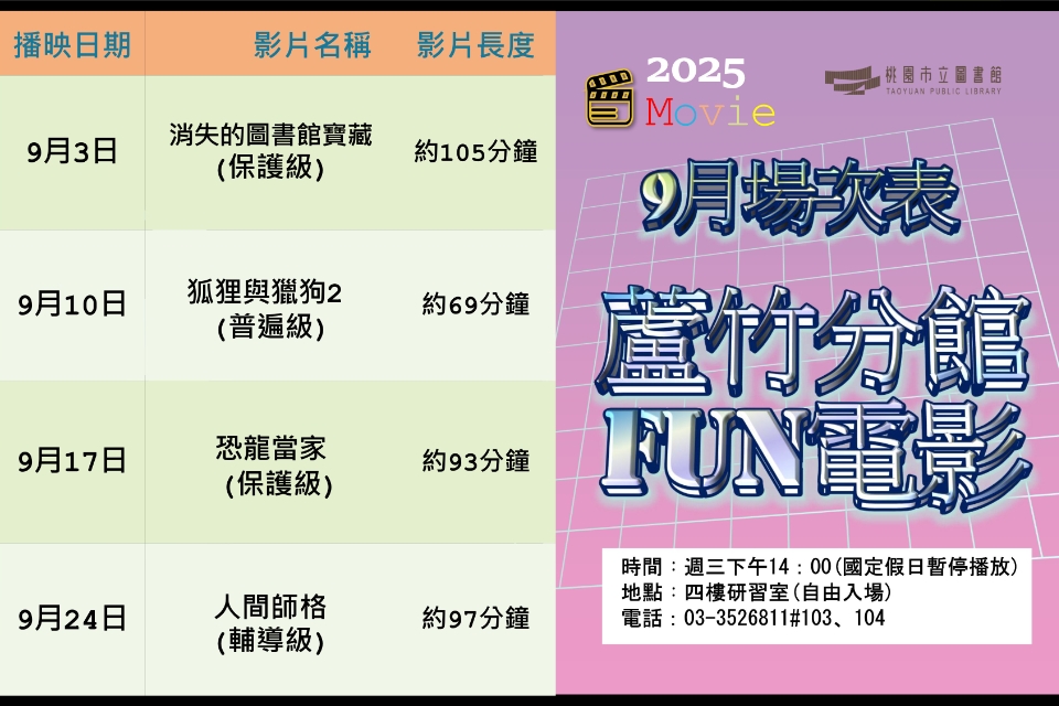 [蘆竹電影欣賞] 9月放映電影院