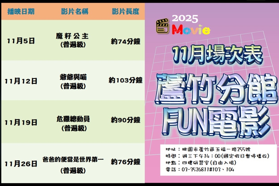 [蘆竹電影欣賞] 11月放映電影院