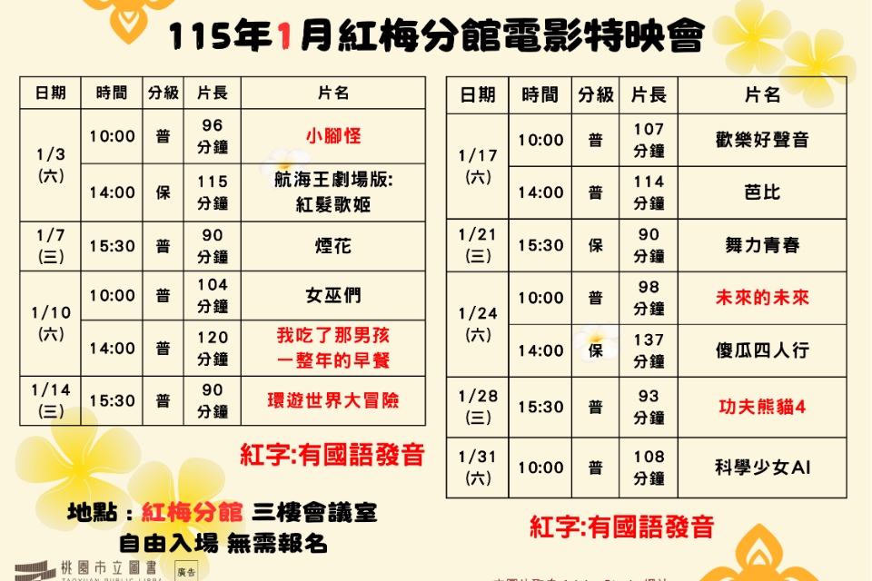 [楊梅電影]115年1月電影特映會-紅梅分館