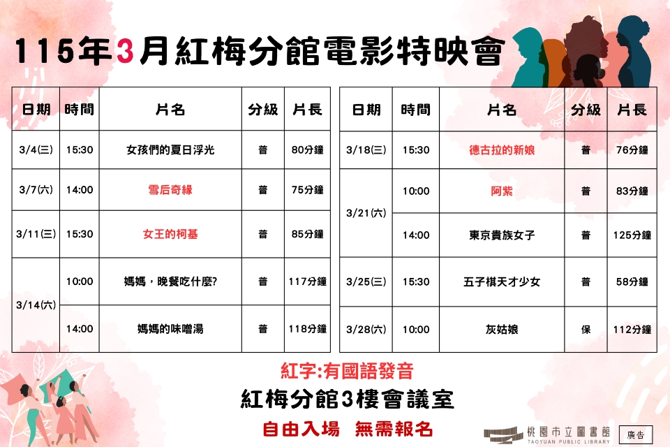 [楊梅電影]115年3月電影特映會-紅梅分館