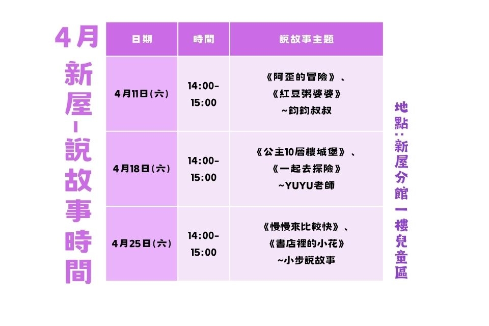 【新屋說故事】 115年4月份說故事時間