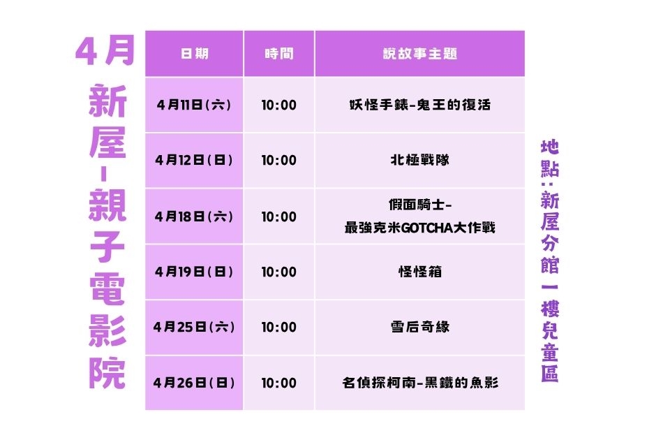 【新屋電影院】 115年4月親子電影院