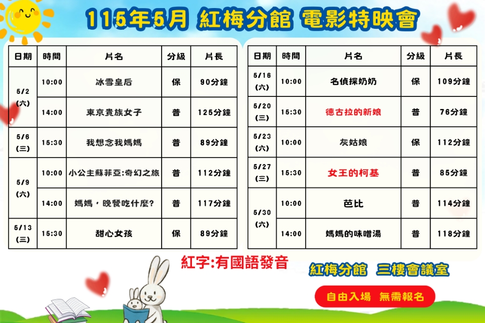 [楊梅電影]115年5月電影特映會-紅梅分館