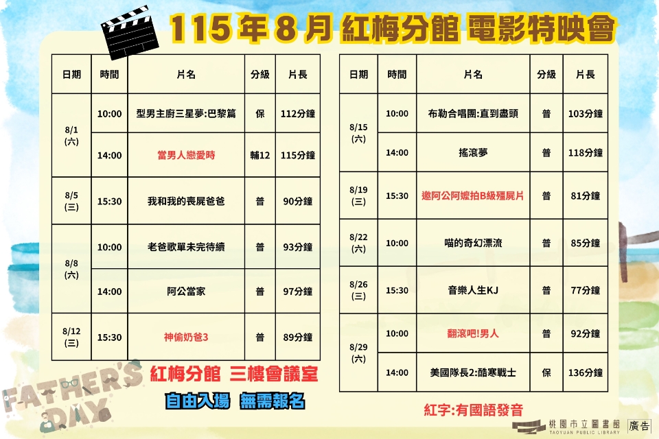 [楊梅電影]115年8月電影特映會-紅梅分館