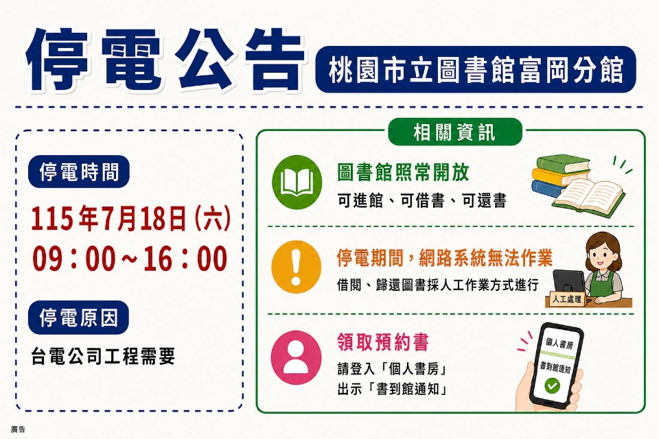富岡分館 7/18(六) 9:00-16:00，配合台電工程停電